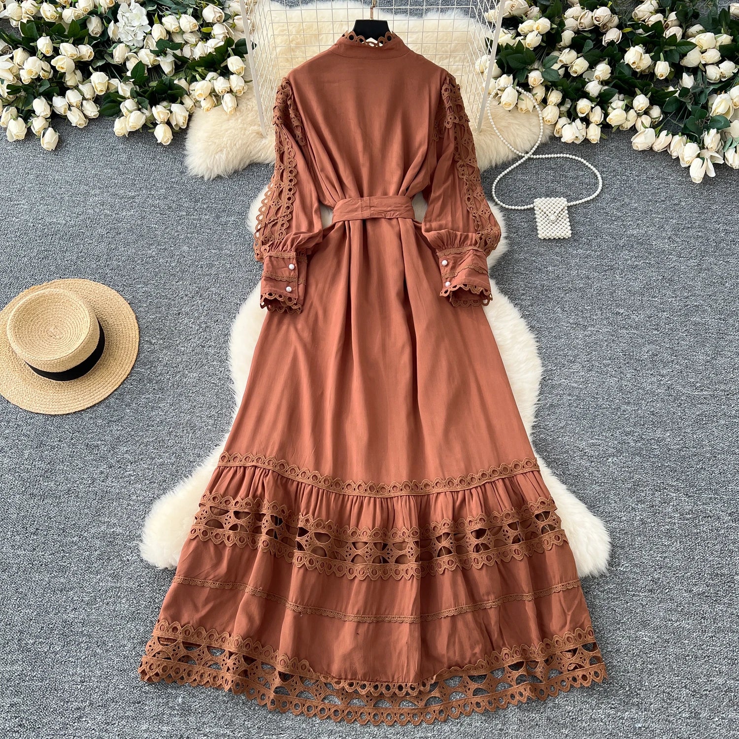 Vintage Tunic Bandage Casual Midi Dress For Women Lantern Sleeve Empire Patchwork Hollow Out Lace Dress