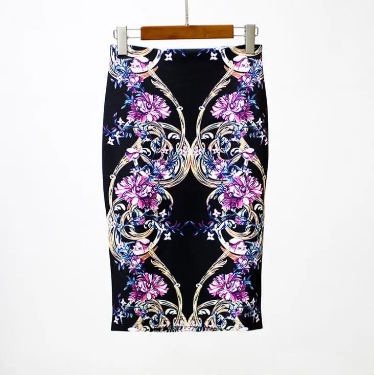 Fashion Midi Skirt For Women Flora Printed High Waist Pencil Skirt Female Causal Flower Bodycon Skirt With Slit