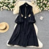 2025 Spring Roman Tunic Slim Casual Midi Dress For Women Lantern Sleeve Empire Lace Dress
