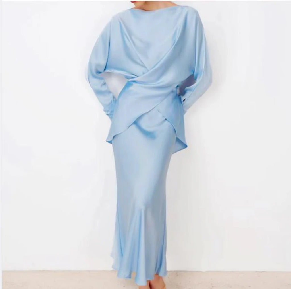 Enyami Fashion Women's 2 Pieces Satin Full Length Ladies Elegant Women Abaya Dubai O Neck Long Sleeve Maxi Skirt Set