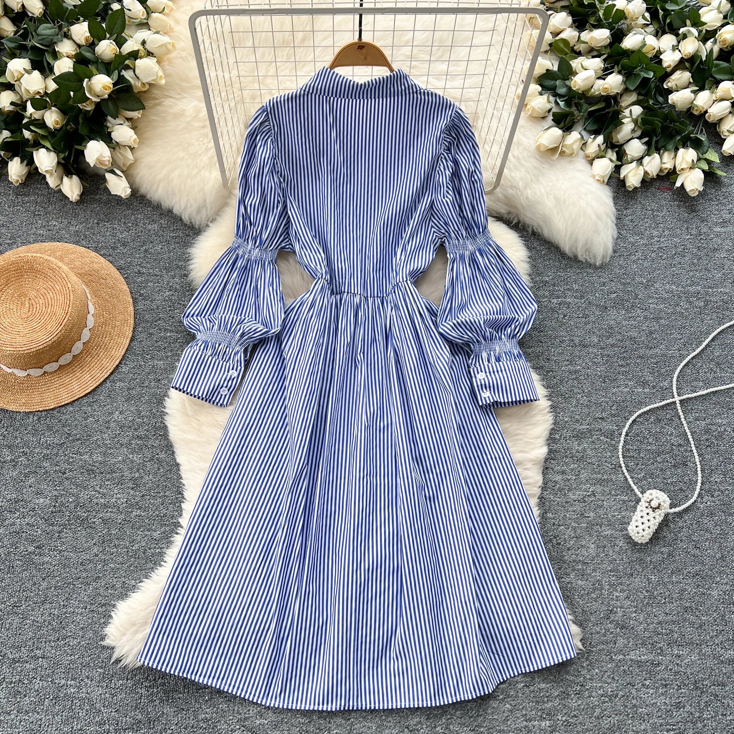 2025 Spring Korean Midi Dress For Women Puff Sleeve Empire Lace Dress
