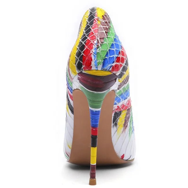 Super High-heeled Women  Shoes Colorful Graffiti Pointed Toe Stiletto Shoes Fashion Night Club Pumps