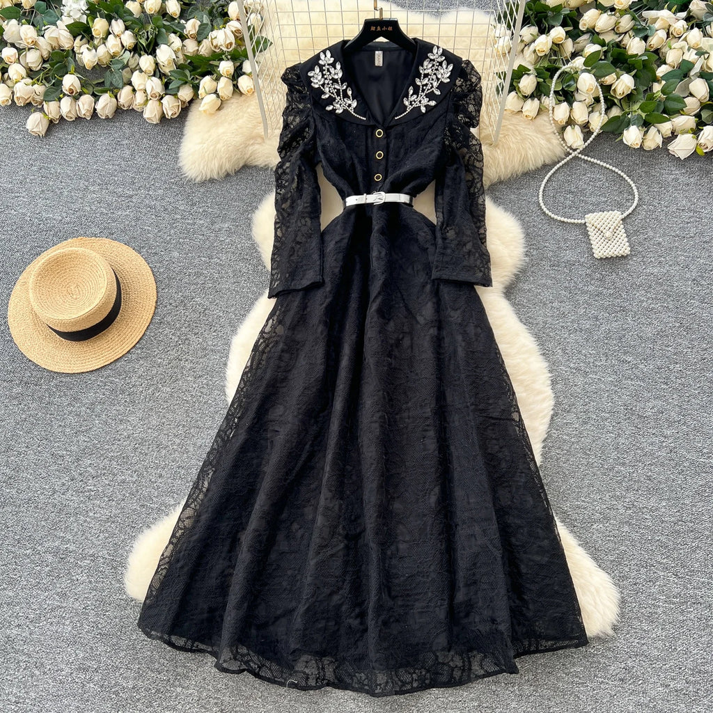 Autumn Casual Maxi Dress Women Lantern Sleeve Empire Hollow Out Ruffled Mesh Dress