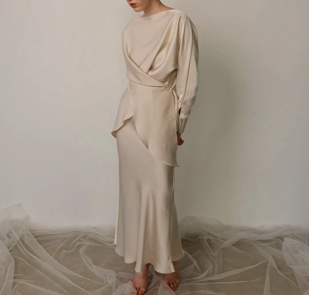 Enyami Fashion Women's 2 Pieces Satin Full Length Ladies Elegant Women Abaya Dubai O Neck Long Sleeve Maxi Skirt Set