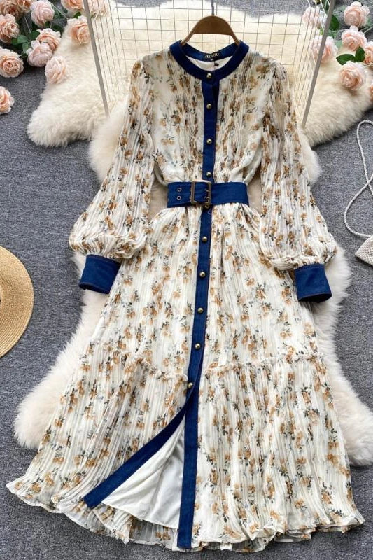 Long Sleeve Stand Collar Print A-Line Dress Vintage Chiffon High Waist Maxi Dress Ladies Casual Dress Clothes Women Wholesale