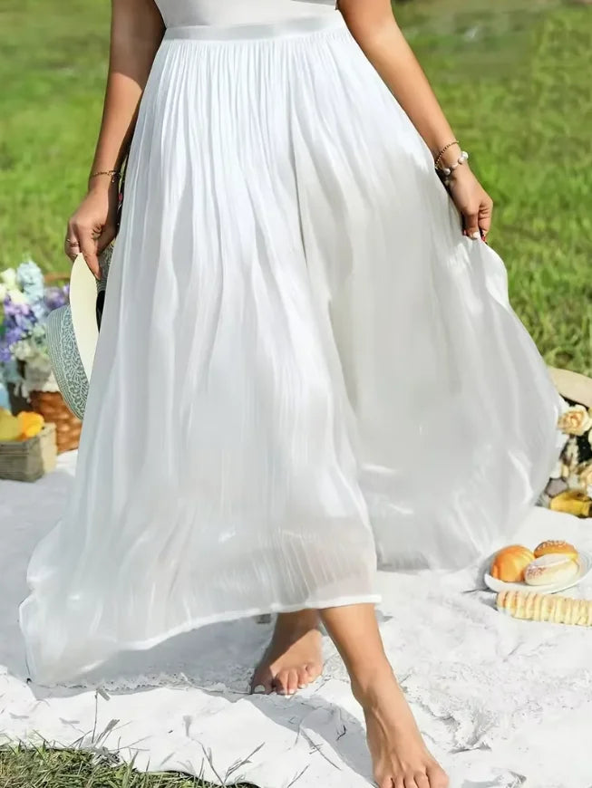 White Pleated Flowy Maxi Skirt High Waist Elastic Waist Skirt