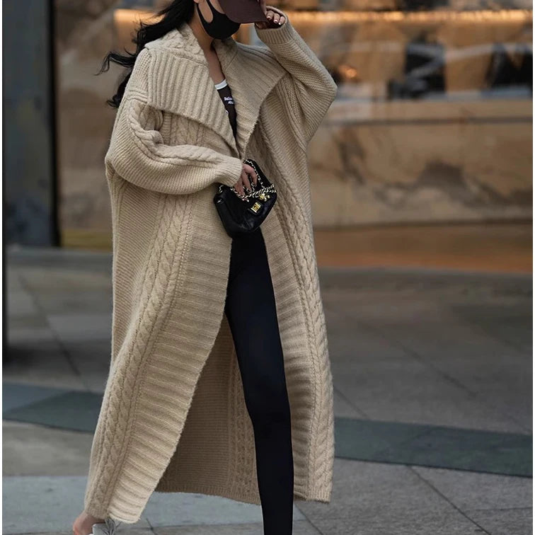 Cable Knit Turndown Collar Longline Sweater Coat