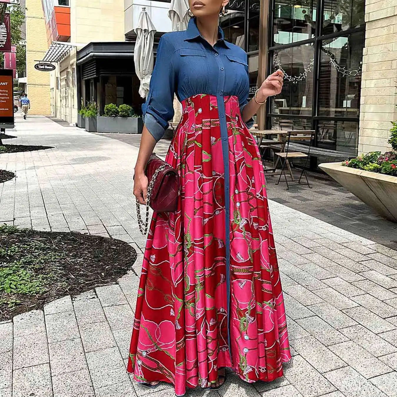 Spring Elegent Denim Collar Patchwork Vintage Patterns High Waist Long Casual Swing Plus Size Flared Shirt Maxi Dress for Women