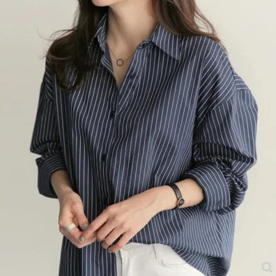 Women Spring and Autumn Cotton Striped Blouse Shirts Loose Casual Long Sleeve Women Shirt Lapel V-neck Button Casual Shirt