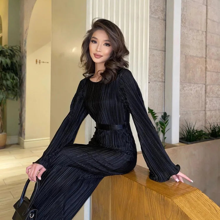 Enyami Boutique Elegance Fall Winter Flare Sleeve Pleated Lace-up Basic Robe Plisse Casual Elegant Chic Women Dress