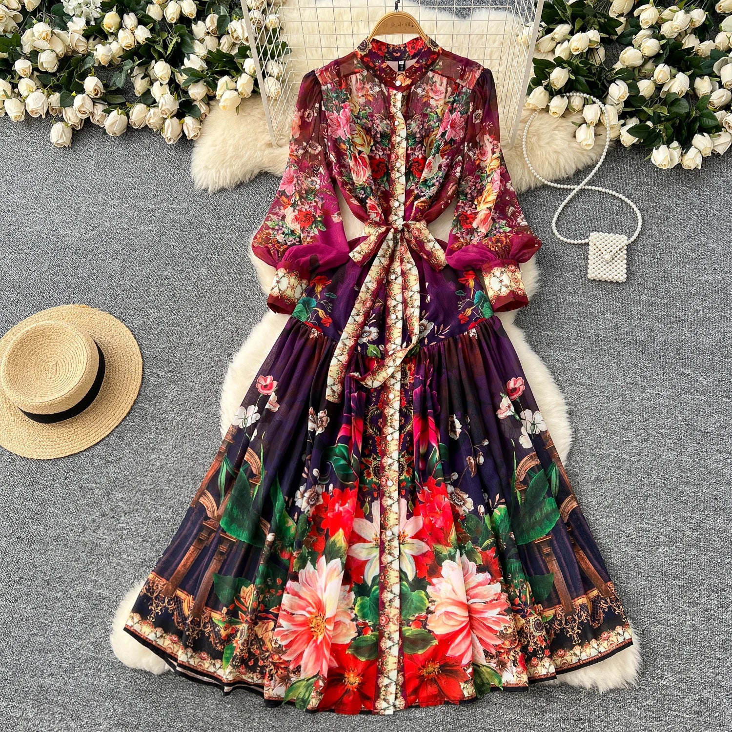 Spring Vintage Tunic Slim Pleated Midi Dress For Women Empire Printed Lace Dress