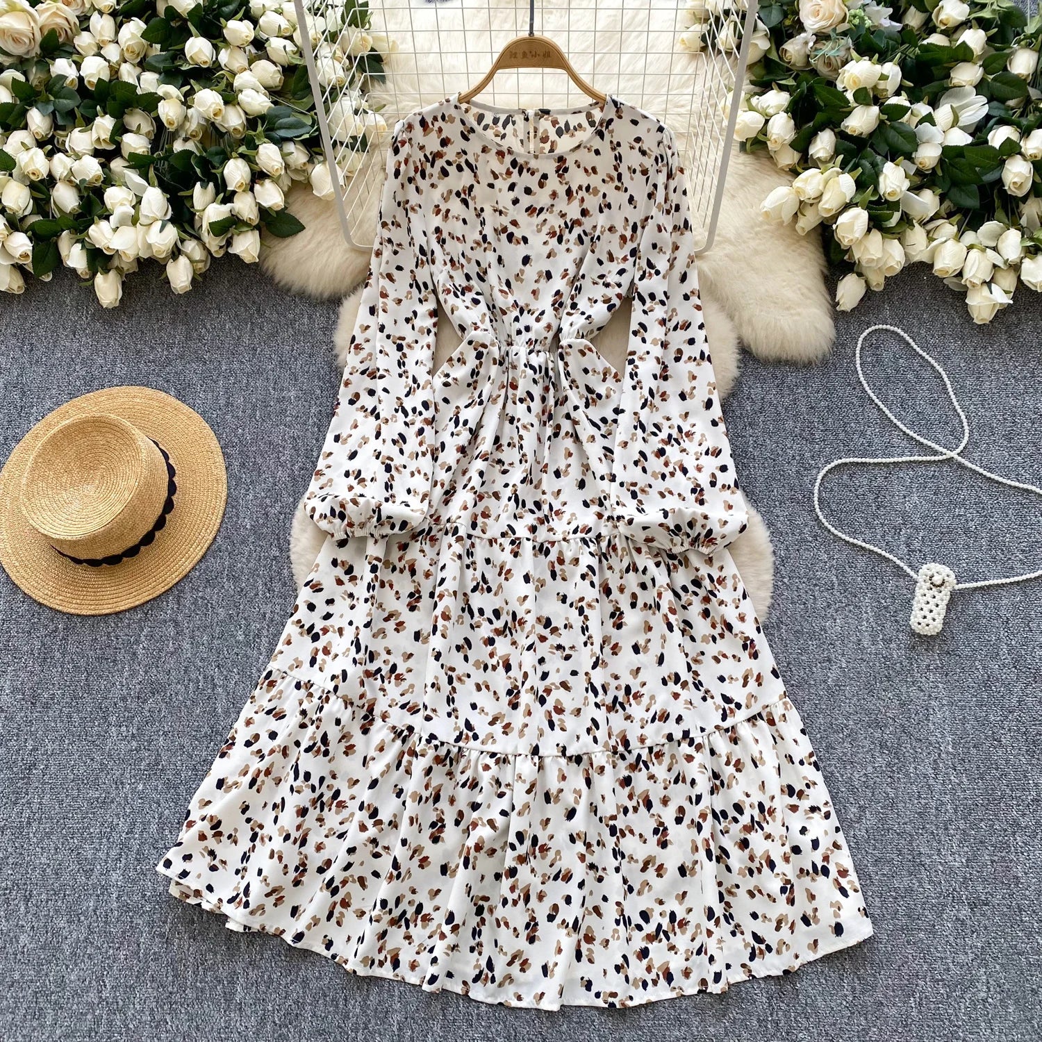 Spring Roman O-Neck Tunic Slim Casual Midi Dress For Women Lantern Sleeve High Elastic Waist Floral Ruffled Lace Dress
