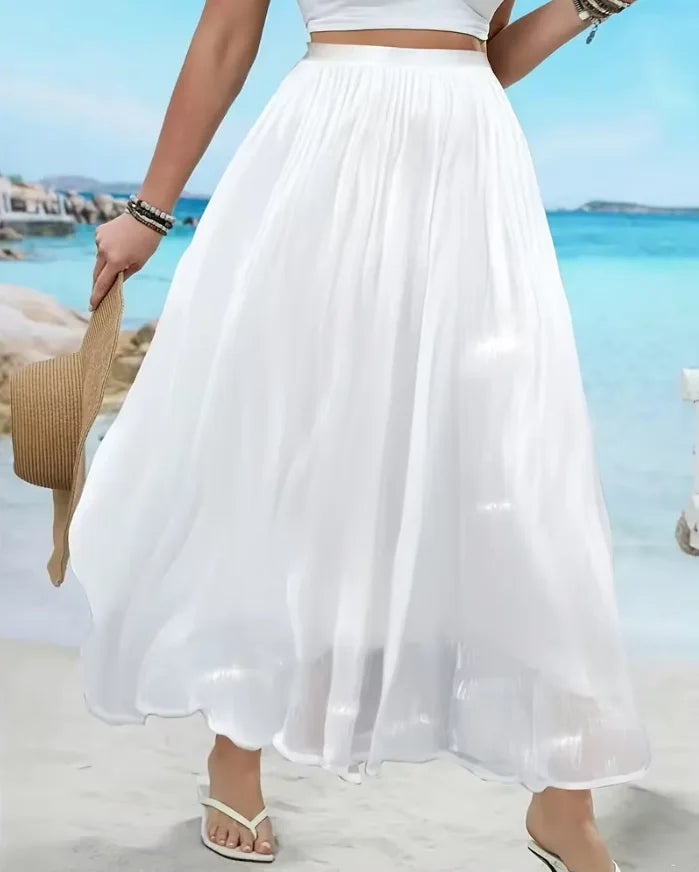 White Pleated Flowy Maxi Skirt High Waist Elastic Waist Skirt