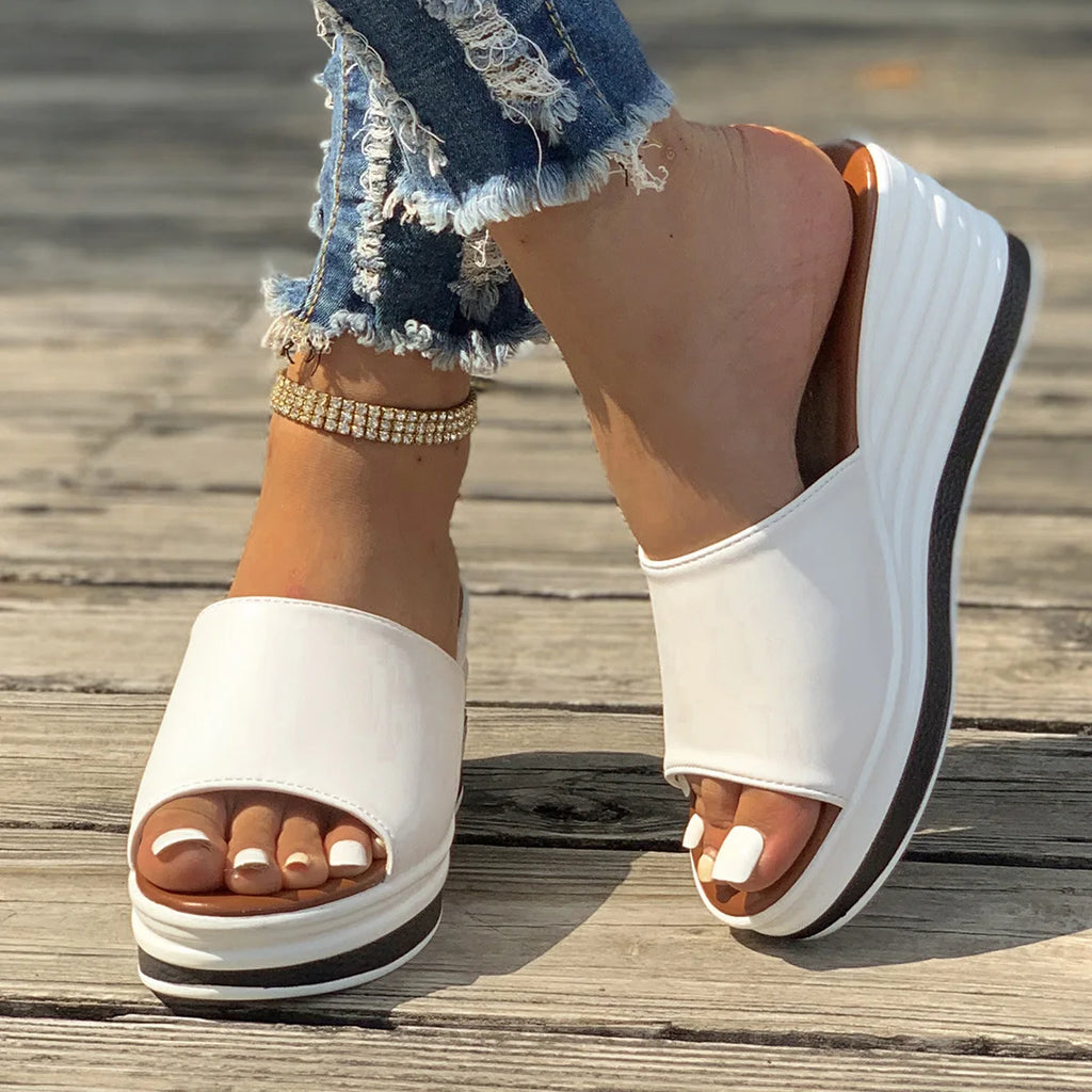 Summer Women Fashion Solid Color Slippers Slope Heel PU Leather Thick High Heel Sandals Shoes Straight Shaped Casual Slippers