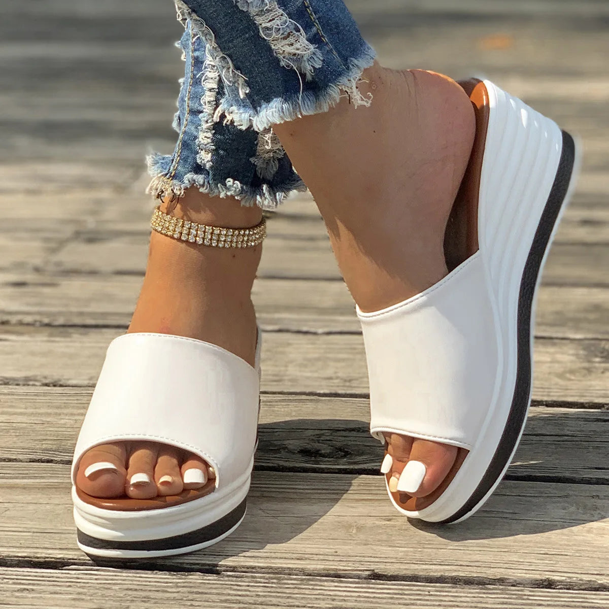 Summer Women Fashion Solid Color Slippers Slope Heel PU Leather Thick High Heel Sandals Shoes Straight Shaped Casual Slippers