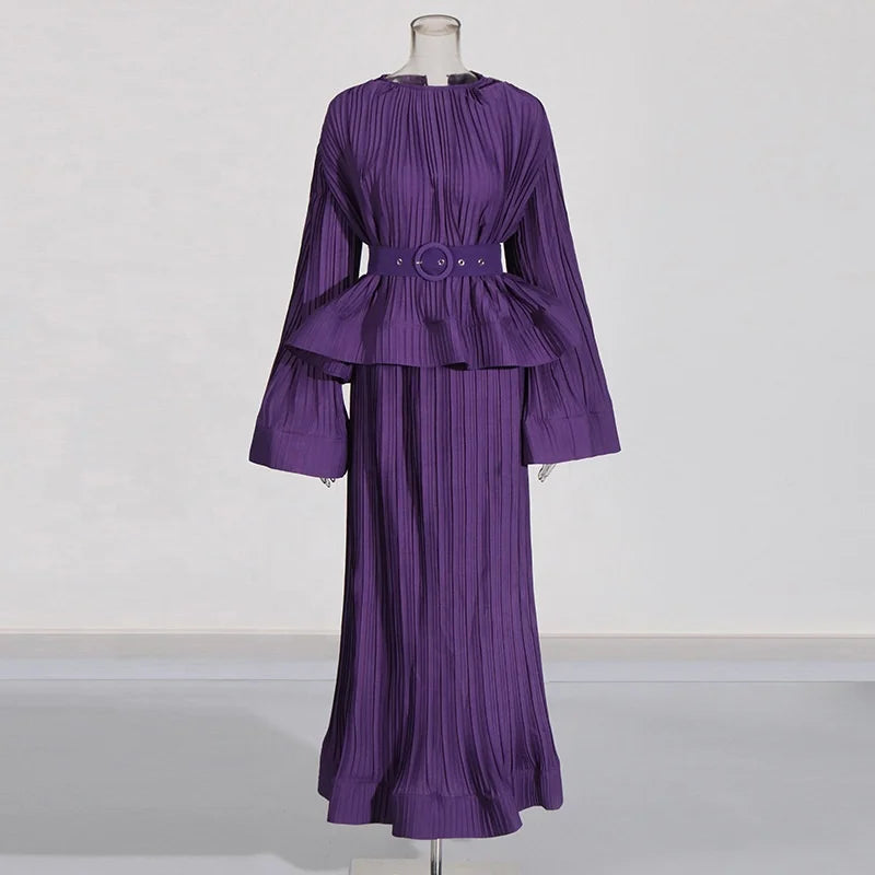 OUDINA Fashion Casual Solid Splicing Ruffled Pleats Skirt Set Elegant Women Two Piece Set Simple Women's Sets