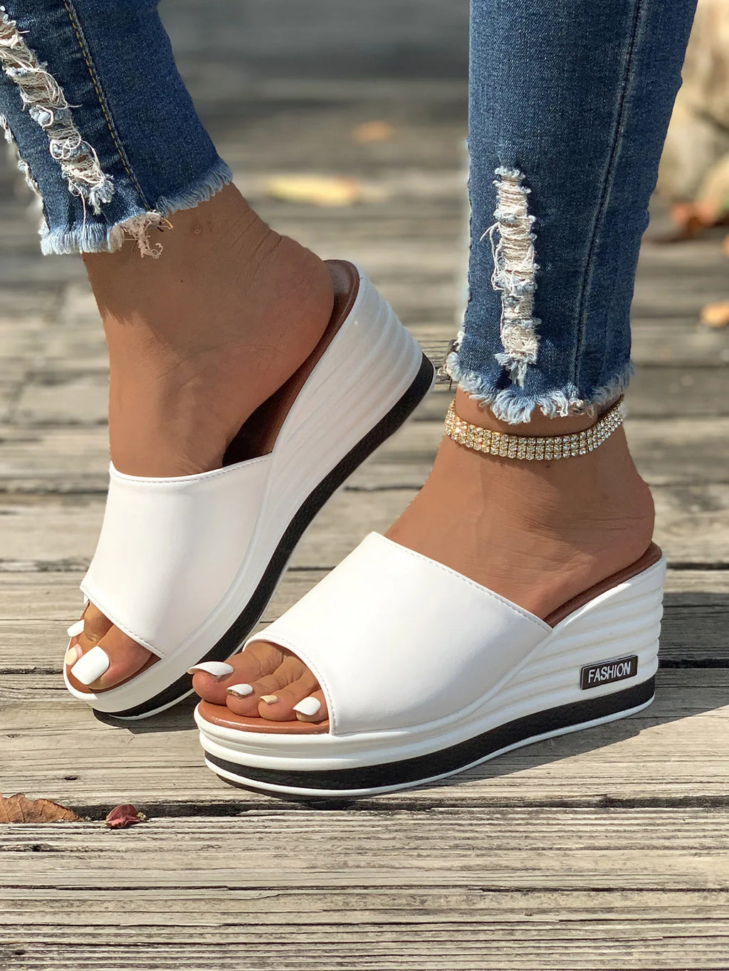 Summer Women Fashion Solid Color Slippers Slope Heel PU Leather Thick High Heel Sandals Shoes Straight Shaped Casual Slippers