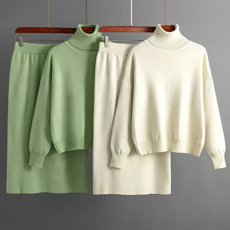 Fashion Two Piece Set Autumn and Winter New Knitted Set for Ladies Outer Wear High Collar Sweater Skirt Set Female Wholesale