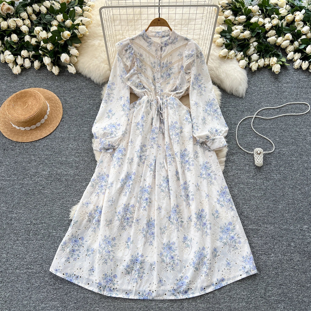 Spring Roman Tunic Casual Midi Dress For Women Empire Floral Hollow Out Lace Dress