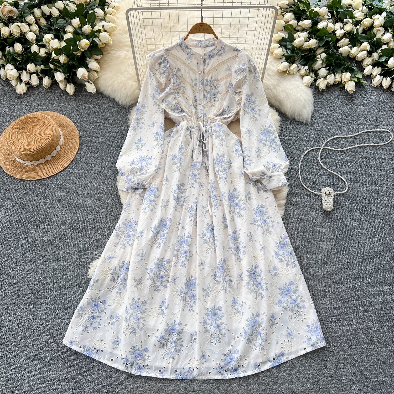 Spring Roman Tunic Casual Midi Dress For Women Empire Floral Hollow Out Lace Dress