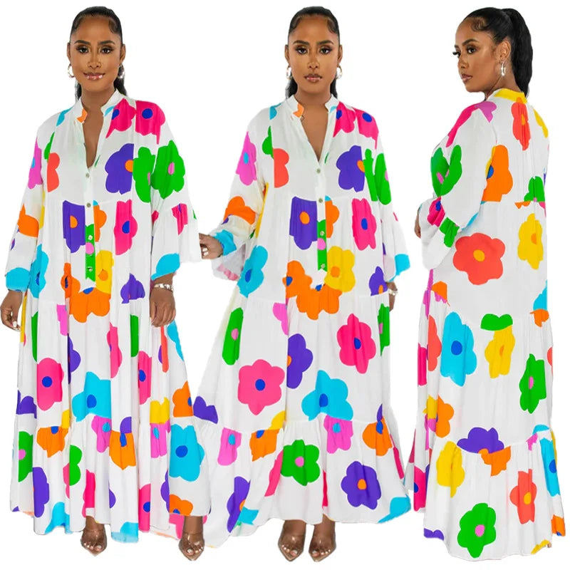 New Arrival Fall Dress Plus Size Floral Print Loose Long Sleeve Maxi Dress for Women
