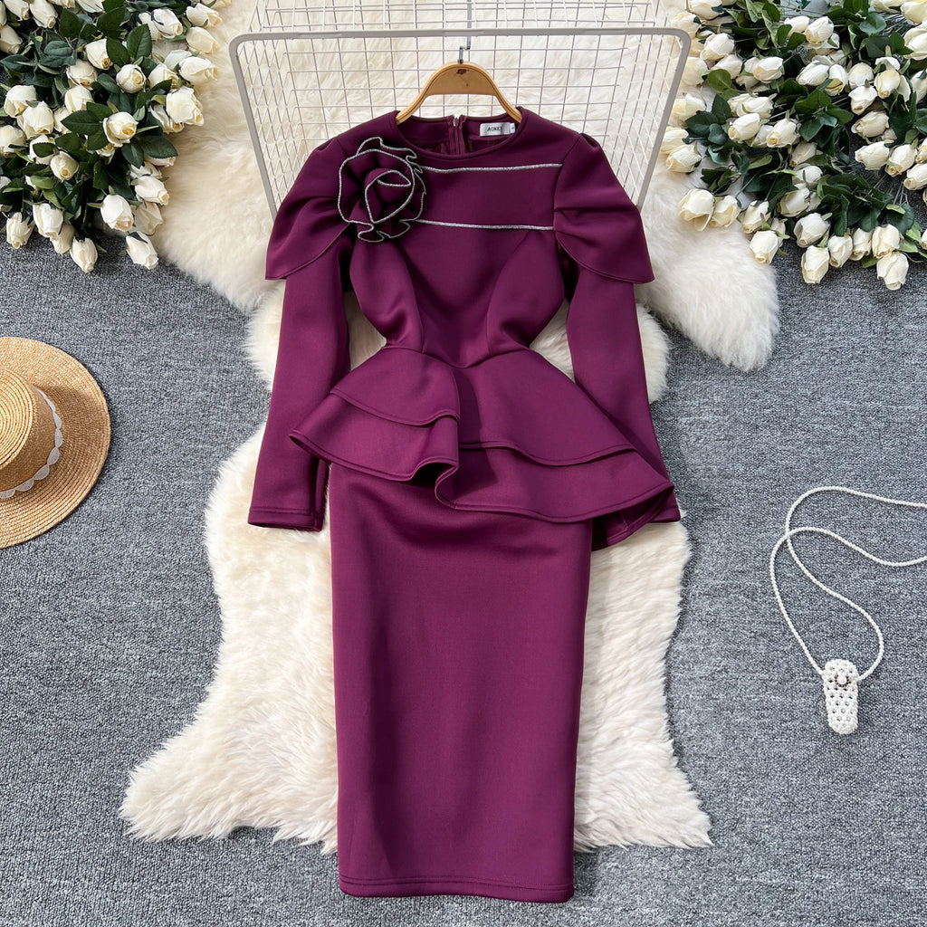 Plus Size Spring Elegant Slim Casual Midi Dress For Women Empire 3D Ruffled Lace Dress