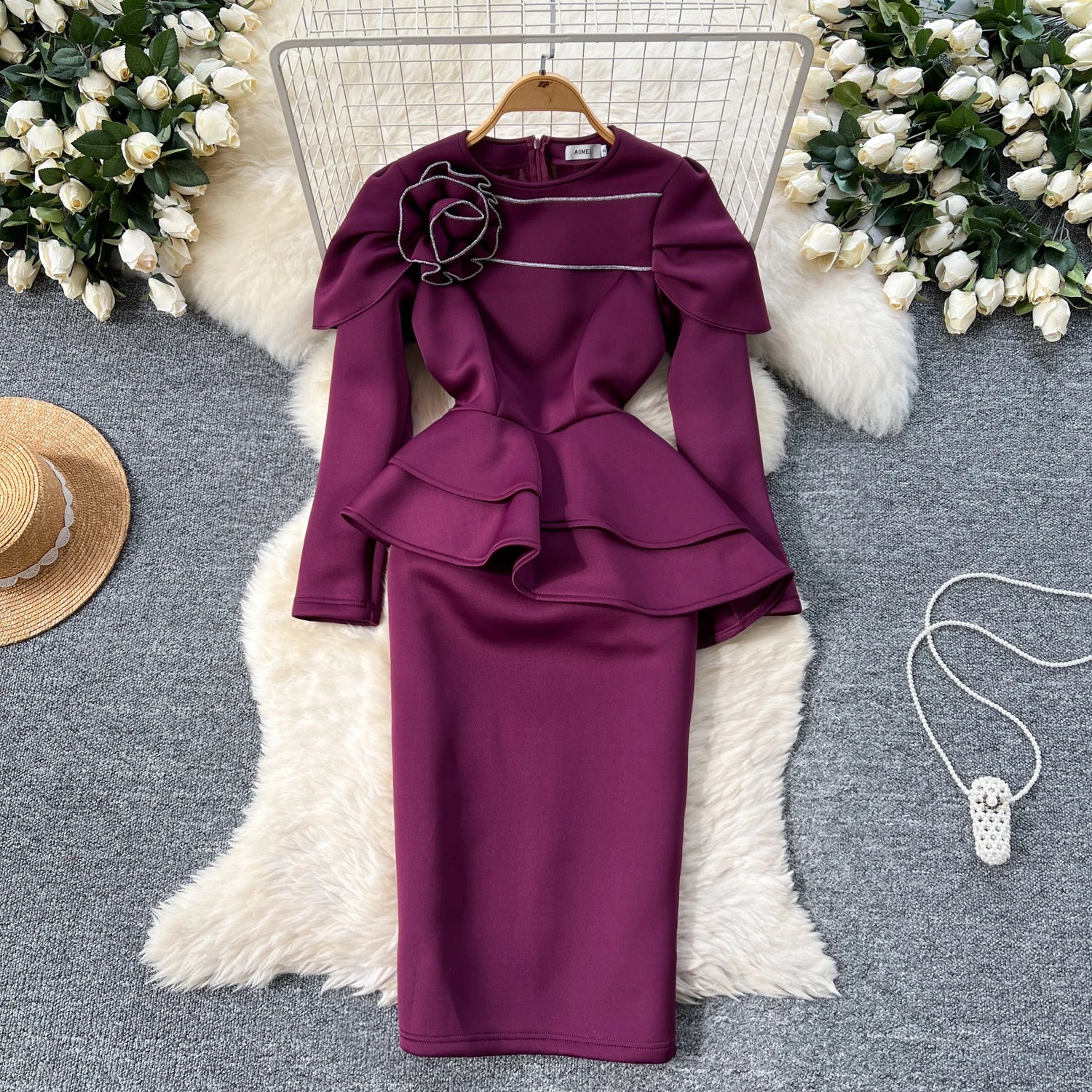 Plus Size Spring Elegant Slim Casual Midi Dress For Women Empire 3D Ruffled Lace Dress
