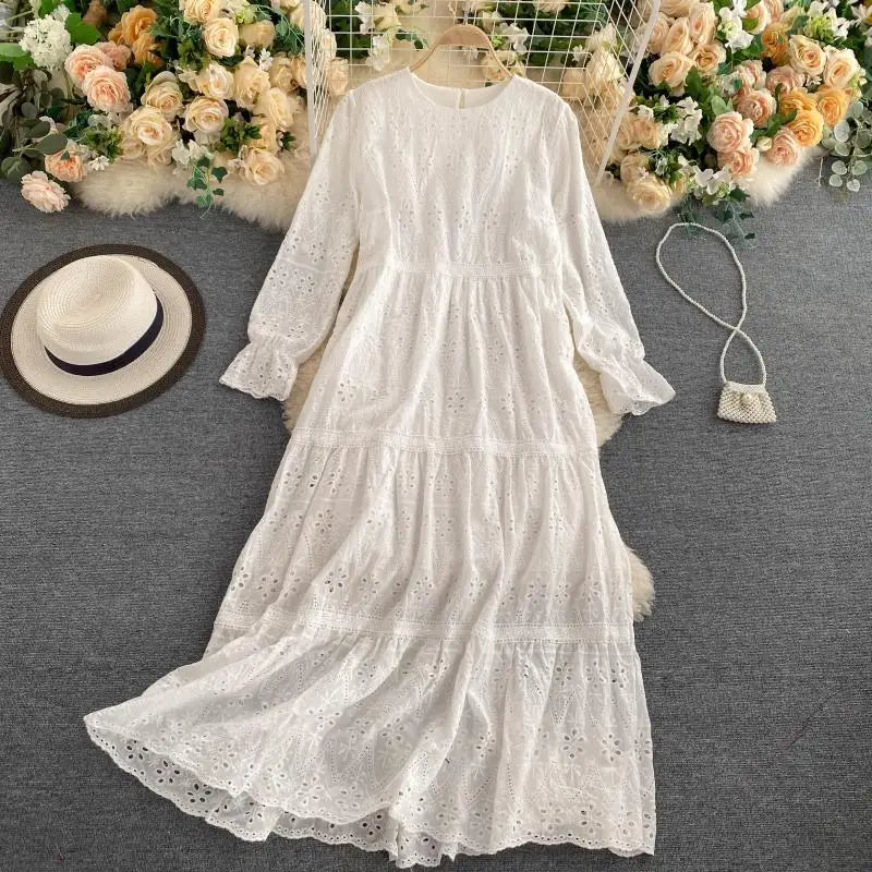 Long Sleeve O-Neck Solid A-Line Dress Autumn Hollow Out High Waist Midi Dress Ladies Casual Dress Clothes Women Wholesale