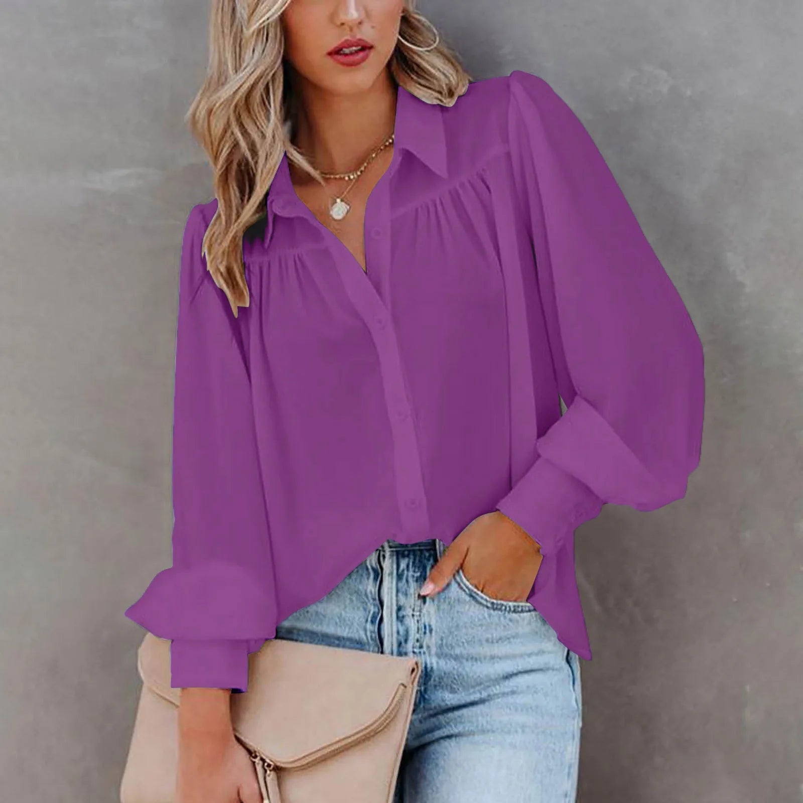 Casual Button-Down Loose Long Sleeve Blouse