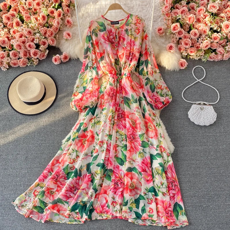 Runway Spring Summer Vacation Dress Women Elegant Bat Sleeve Rose Print Bohemian Lady Chiffon Long Maxi Dress 6637#