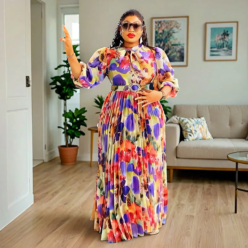 Plus Size African Dresses Women Autumn Elegant Kenya Party Evening Long Pleated Maxi Dress Gowns Dashiki African Clothes Dress