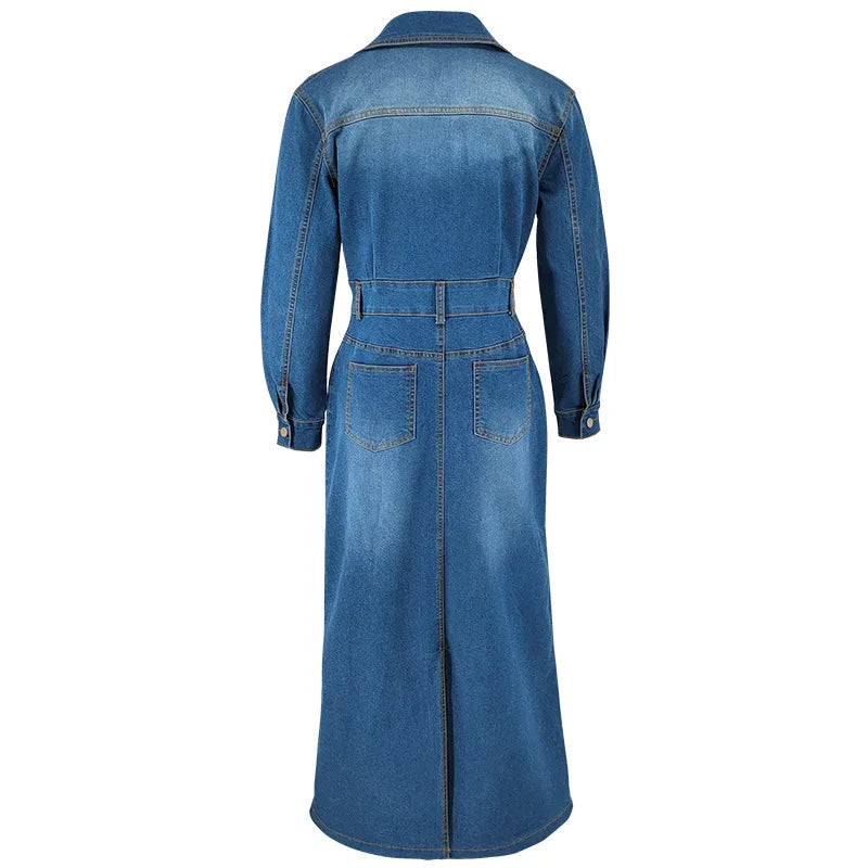 Y218616 Trendy Plus Size Jeans Dresses Women Casual Lapel Long Sleeve Button Slit Denim Dresses for Women Maxi Dress Ladies
