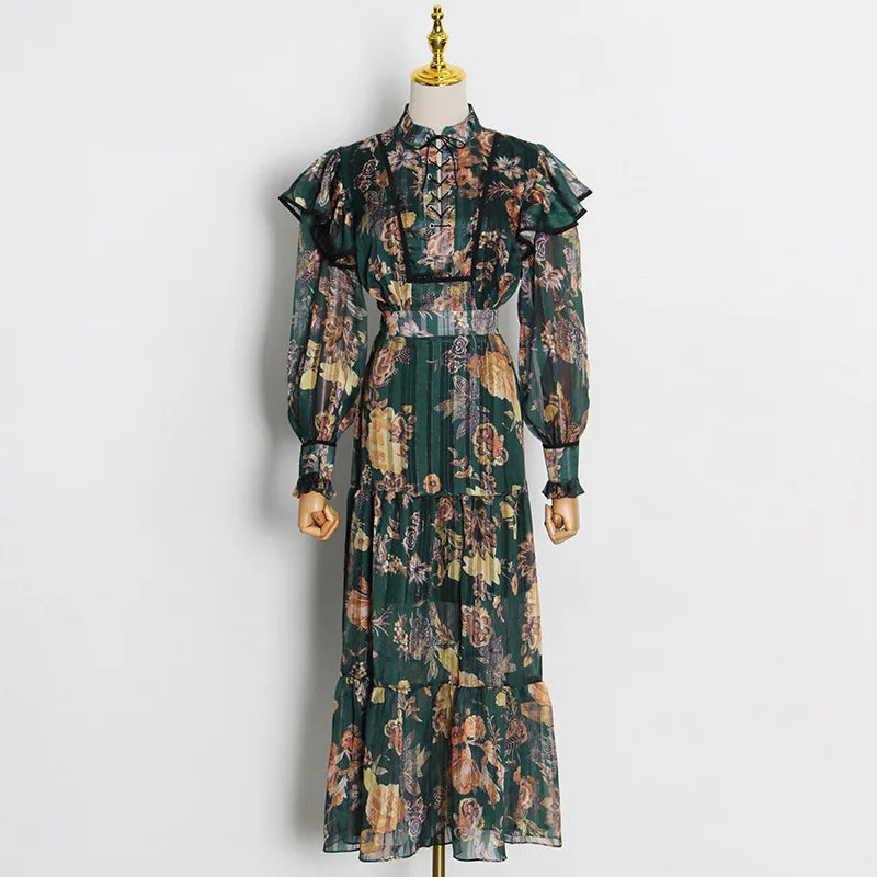 Vestido De Gasa Women'S Maxi Dress 2021 Ruffle Long Sleeve Drawstring Vintage Maxi Luxury Chiffon Kaftan Dresses for Women