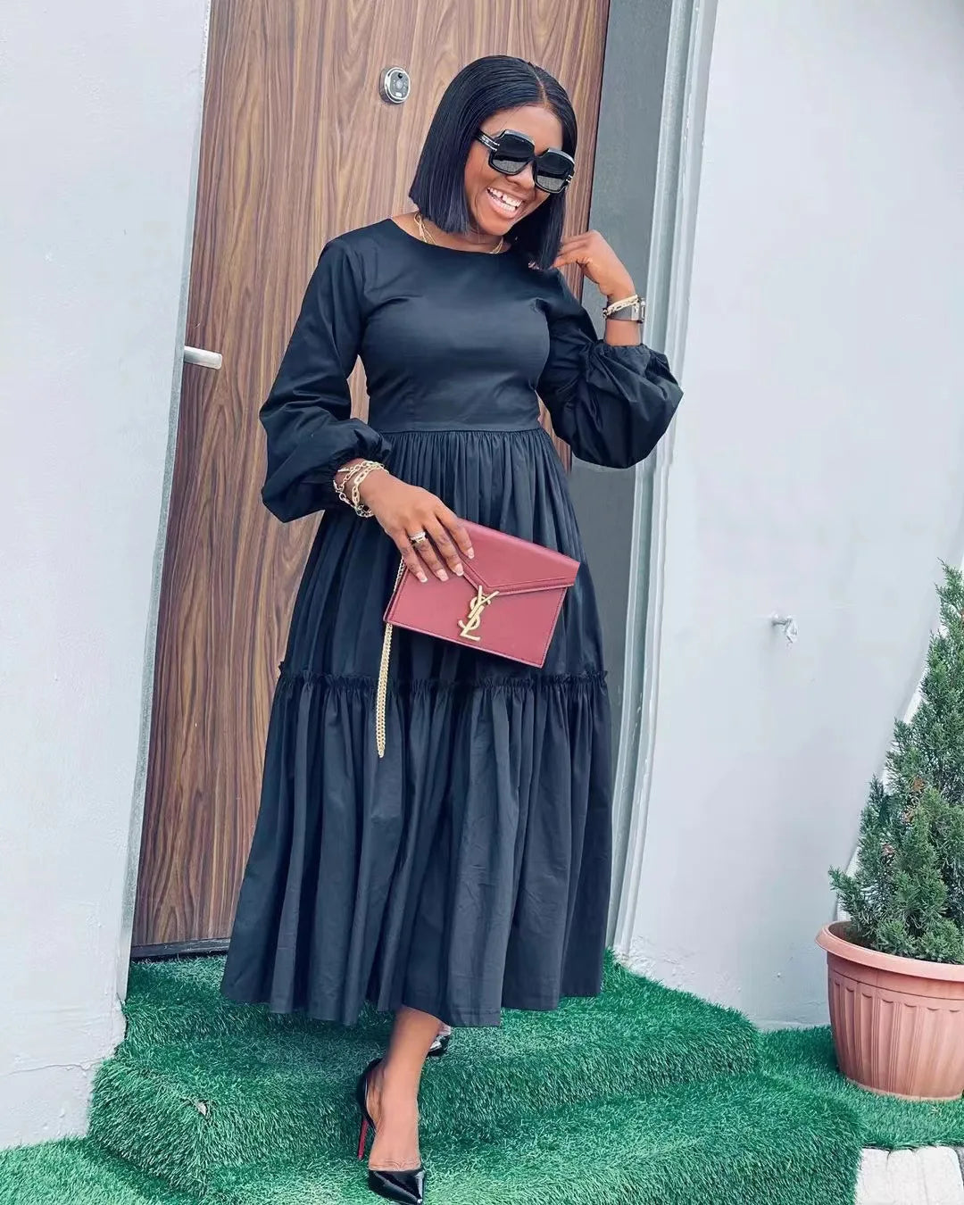 JL446 Long Sleeve Pleated Zipper Long Maxi Dress Ladies Casual Dresses Women with Belt
