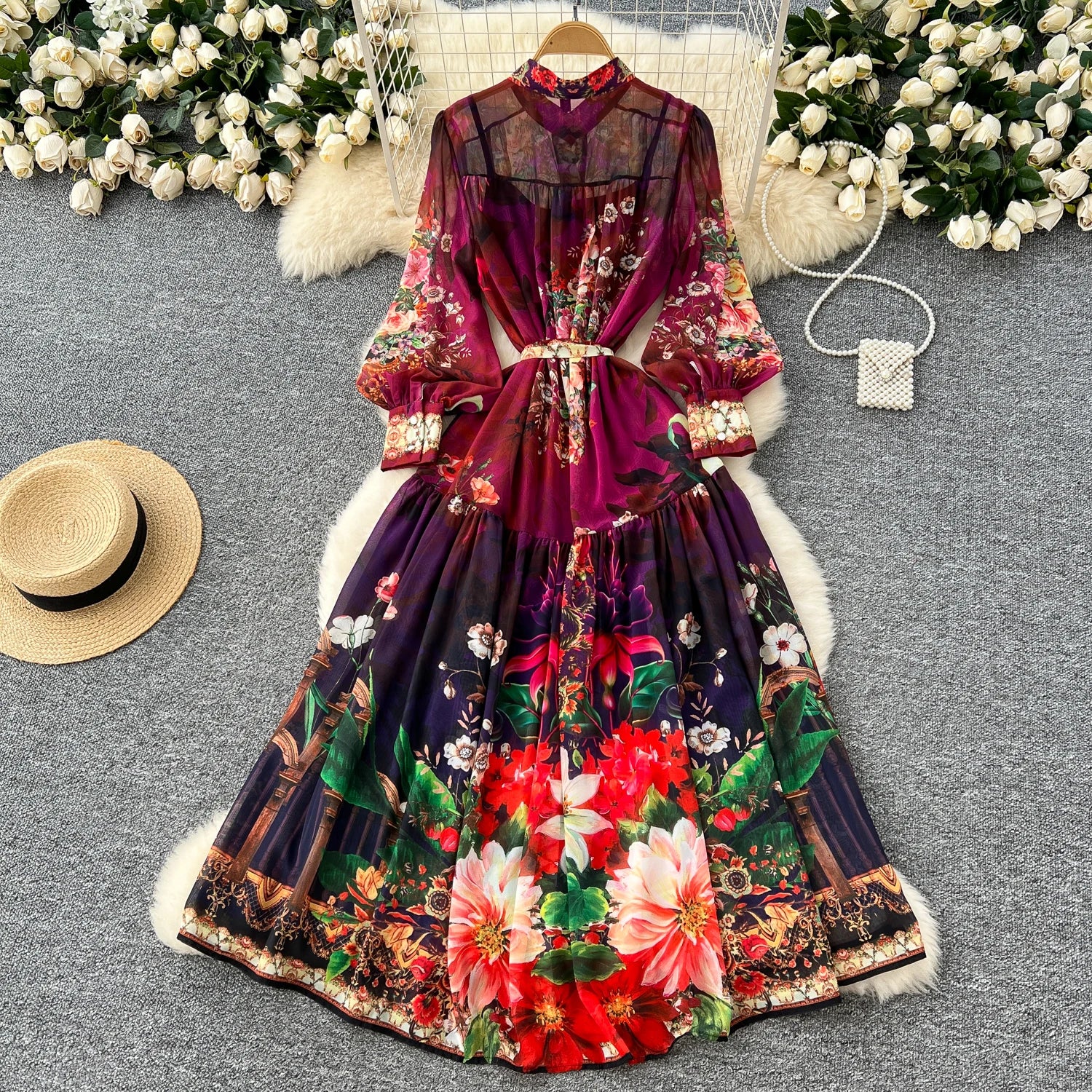Spring Vintage Tunic Slim Pleated Midi Dress For Women Empire Printed Lace Dress