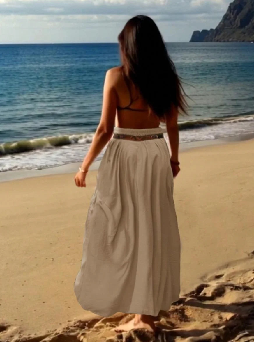 Khaki Cargo Maxi Skirt for Women High Waist Pocketed Beach Long Skirt with Belt