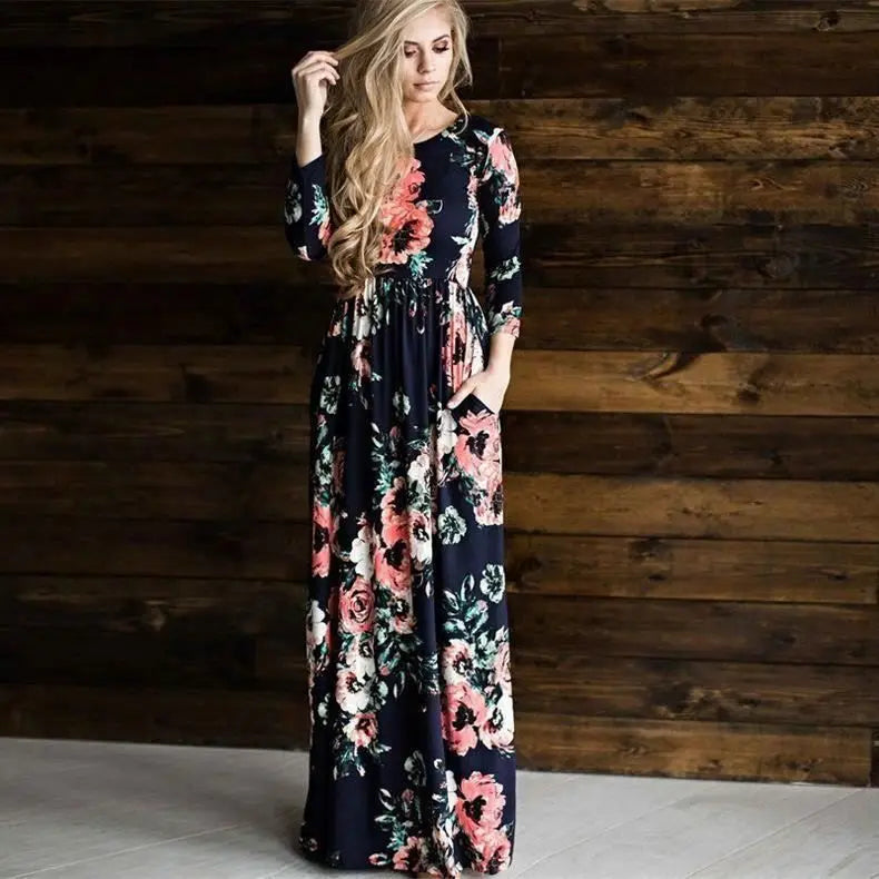 Wholesale Fashion Long Sleeve Women Beach Dress Colorful Stock Floral Long Maxi Women Dress