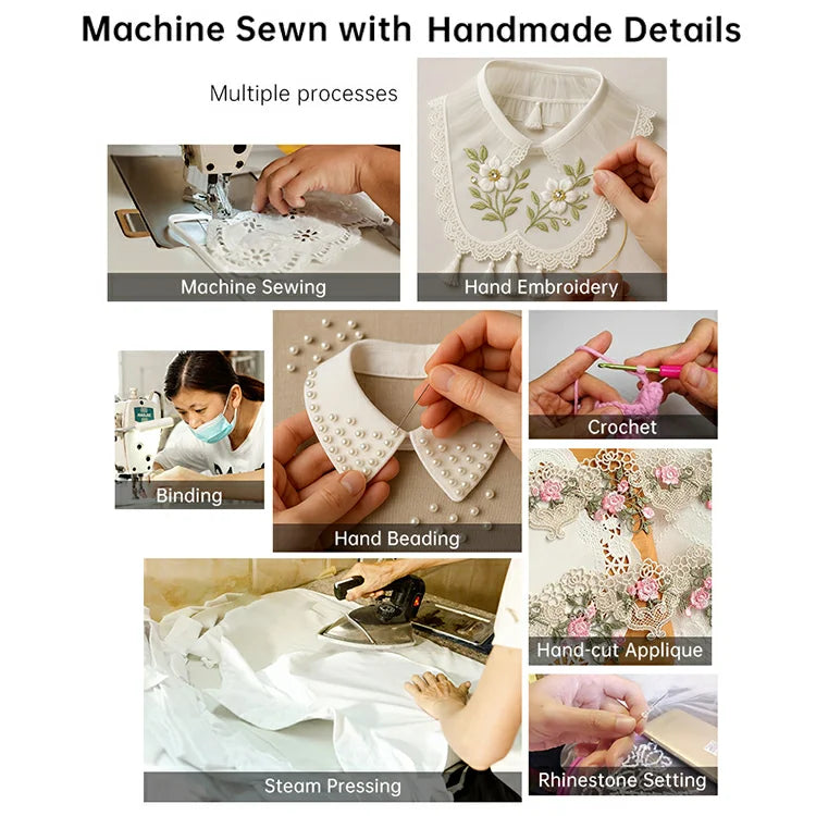LHY Elegant Detachable Lace Shirt Collar Women Fake Collar Fashion Embroidery Ruffles Chiffon Beaded Crystal Floral Design