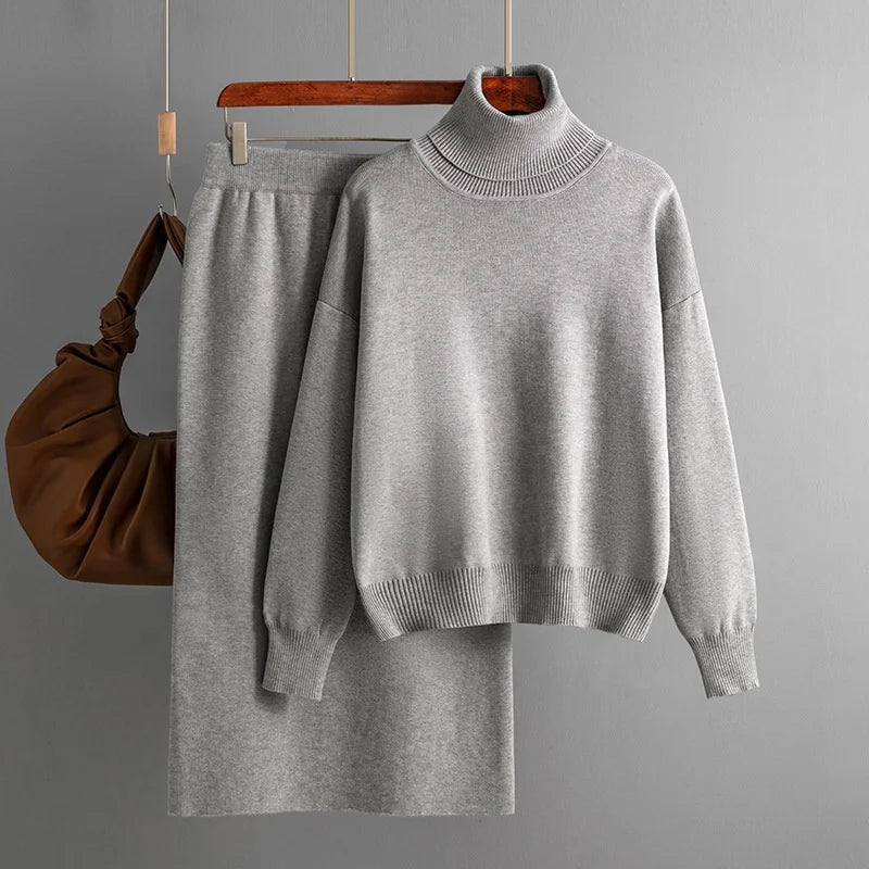Fashion Two Piece Set Autumn and Winter New Knitted Set for Ladies Outer Wear High Collar Sweater Skirt Set Female Wholesale