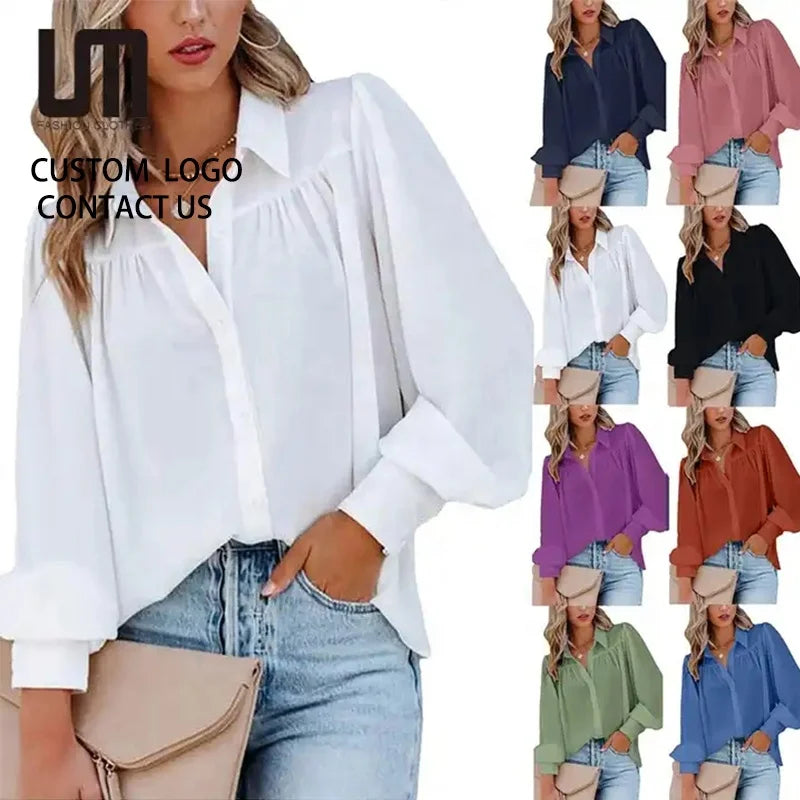 Casual Button-Down Loose Long Sleeve Blouse
