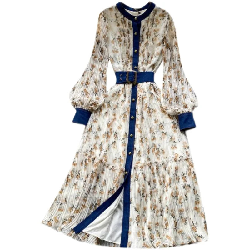 Long Sleeve Stand Collar Print A-Line Dress Vintage Chiffon High Waist Maxi Dress Ladies Casual Dress Clothes Women Wholesale