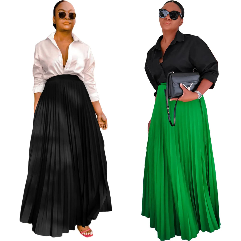 Solid High-Waist Pleated Skirt