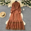 Vintage Tunic Bandage Casual Midi Dress For Women Lantern Sleeve Empire Patchwork Hollow Out Lace Dress