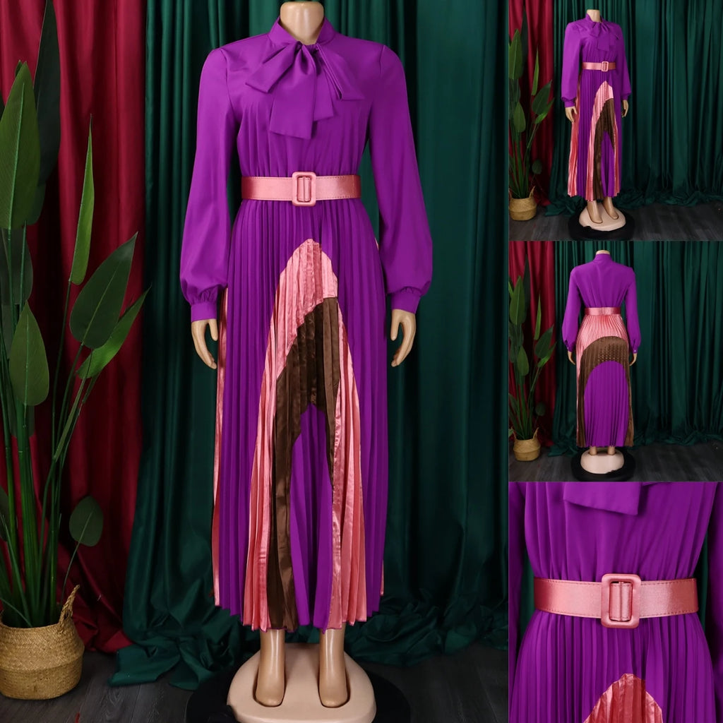 D547 Plus Size Women Party Dresses Women Lace up Long Sleeve Color Blocking Elegant Pleated Maxi Dress for Ladies
