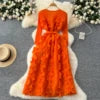 Spring Elegant O-Neck Tunic Slim Bandage Pleated Midi Dress For Women Empire 3D Lace Dress