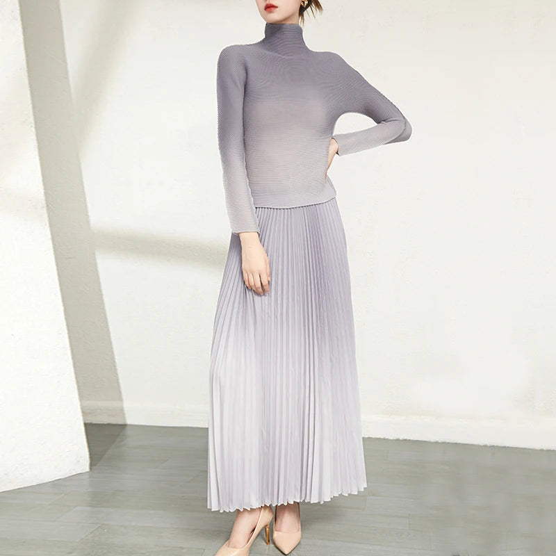 Fast Delivery Clothing Pleat Printed Gradient Color Women 2 Pieces Set Long-sleeve Shirt and Printed Long Pleated Skirt Set