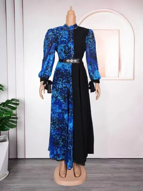 African Dresses for Women 2024 Elegant Summer Fashion Long Sleeve Muslim Print Wedding Evening Party Chiffon Maxi Dress