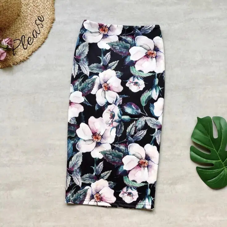 Fashion Midi Skirt For Women Flora Printed High Waist Pencil Skirt Female Causal Flower Bodycon Skirt With Slit