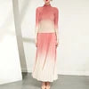 Fast Delivery Clothing Pleat Printed Gradient Color Women 2 Pieces Set Long-sleeve Shirt and Printed Long Pleated Skirt Set