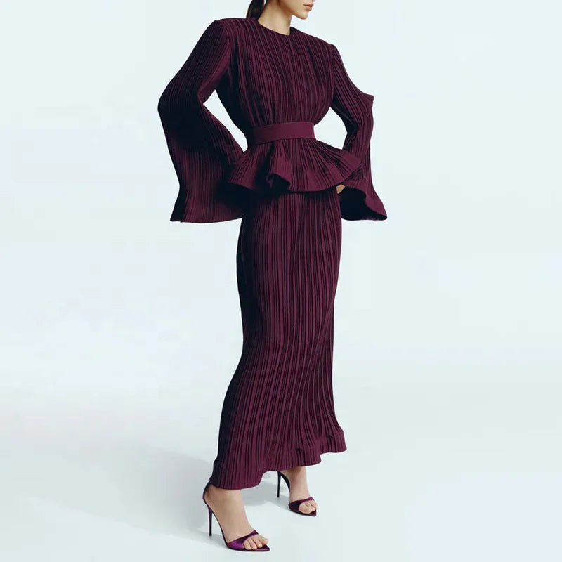 OUDINA Fashion Casual Solid Splicing Ruffled Pleats Skirt Set Elegant Women Two Piece Set Simple Women's Sets